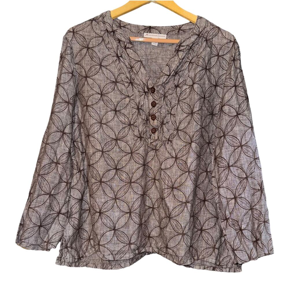 JM Collection Linen Present Top Women 16W Brown Boho Resort Vacation Lightweight